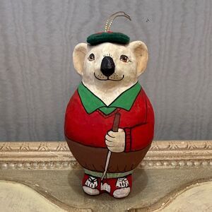 Vintage papier-mâché Koala Bear Golfer Round Belly Ornament Hand Crafted